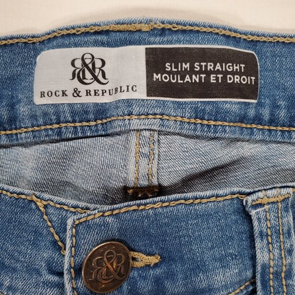 Rock and Republic Jeans Mens 34x32 Blue Denim Slim Straight Stretch Faded Grunge - Picture 2 of 16